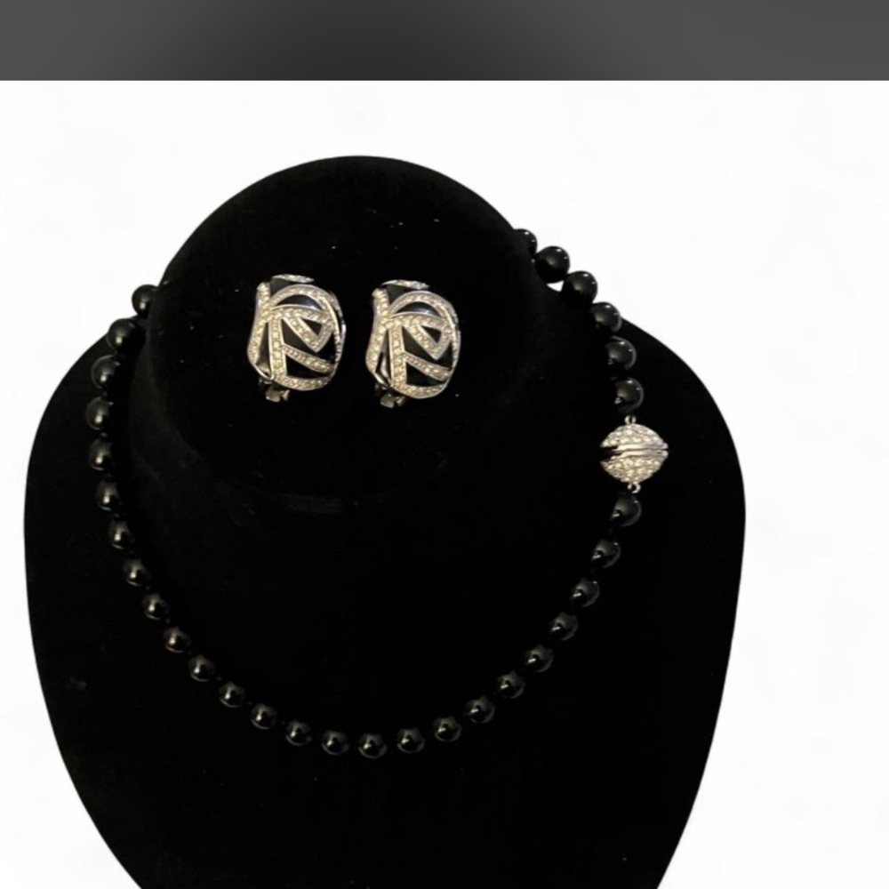 Old money Dior Vintage Black N Diamond Accents Clip Earrings.Onyx Necklace set! - Picture 8 of 15